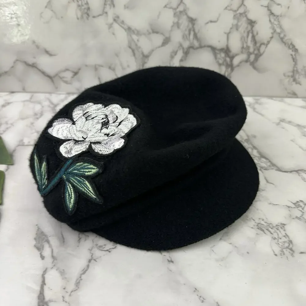 Nine West Womens Vintage Y2k Newsboy Hat Black White Flower Wool Blend
